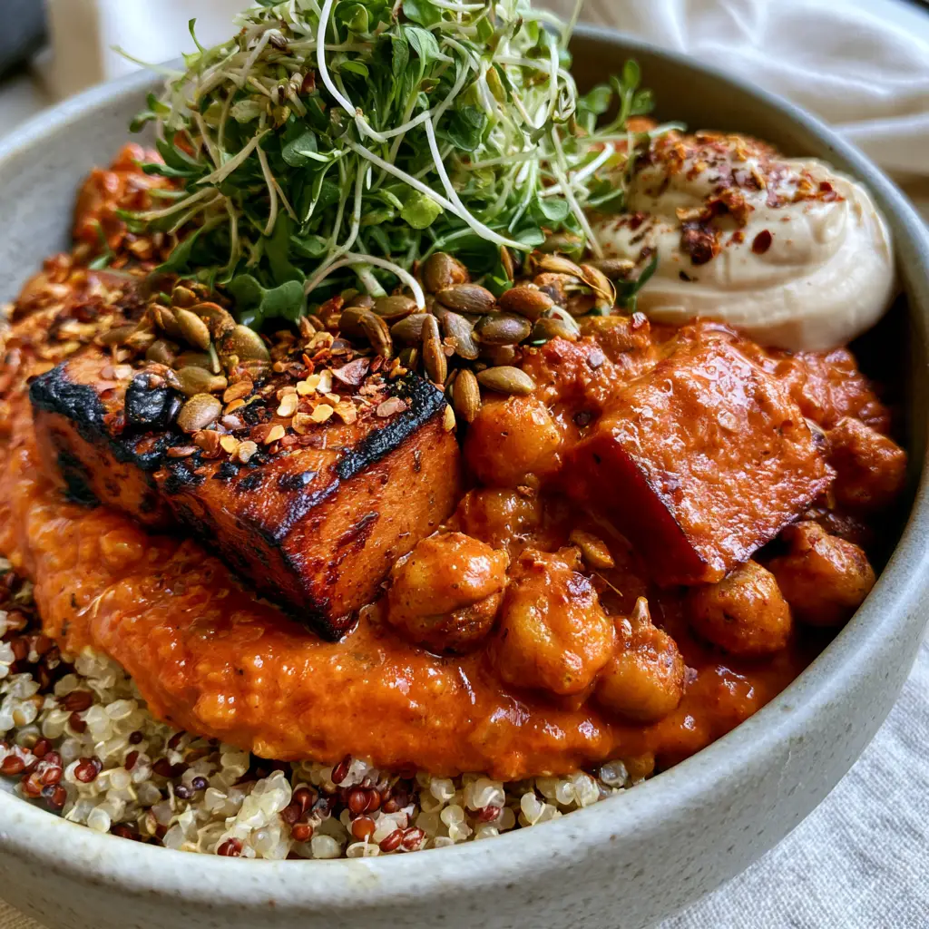 Plant Based Recipes: Smoked Tofu and Quinoa Power Bowl with Sun-Dried Tomato Cream 1 A rustic grey bowl filled with fluffy quinoa, lentils, and fresh micro-greens.