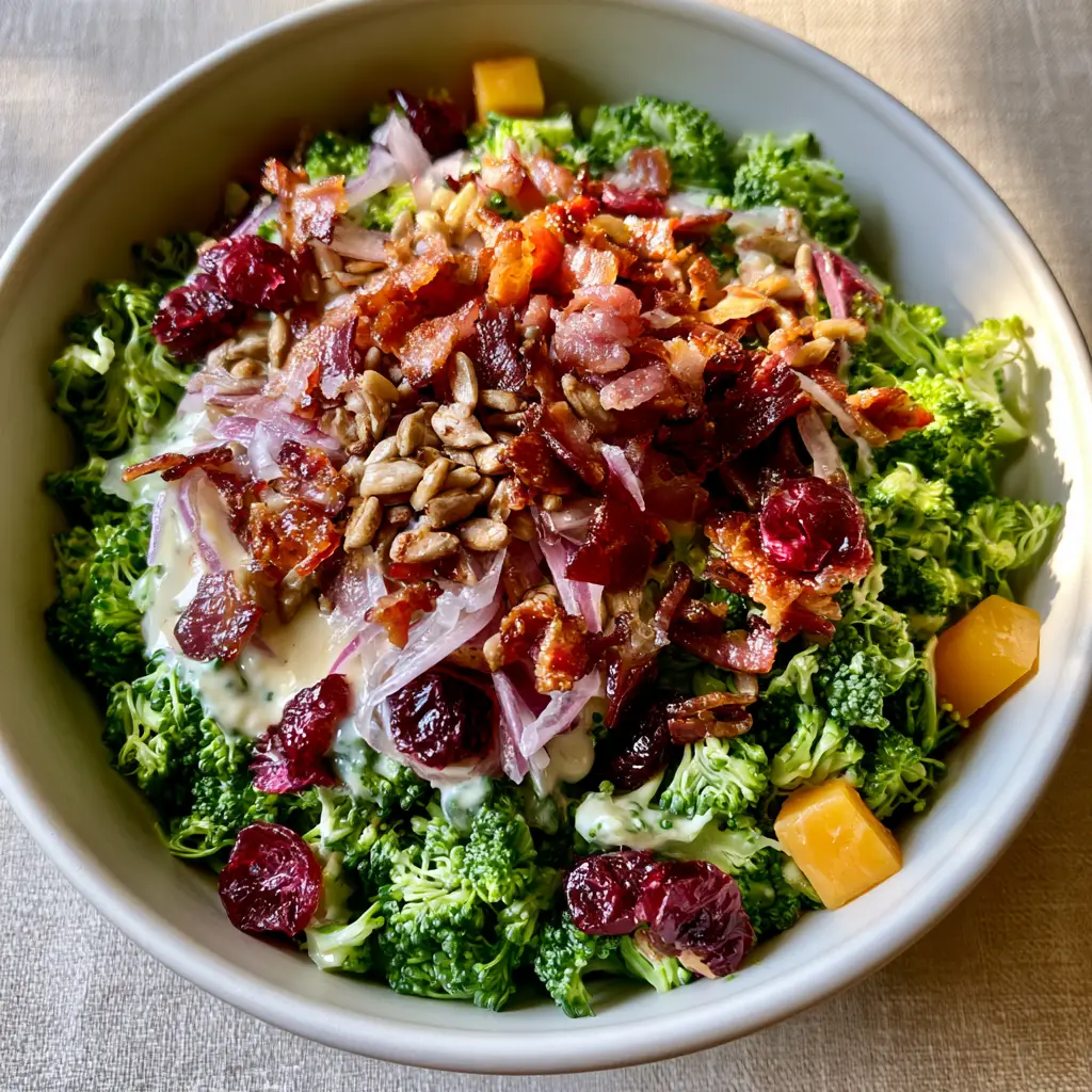 Close-up of thick creamy ivory poppyseed dressing clinging to finely chopped broccoli florets.