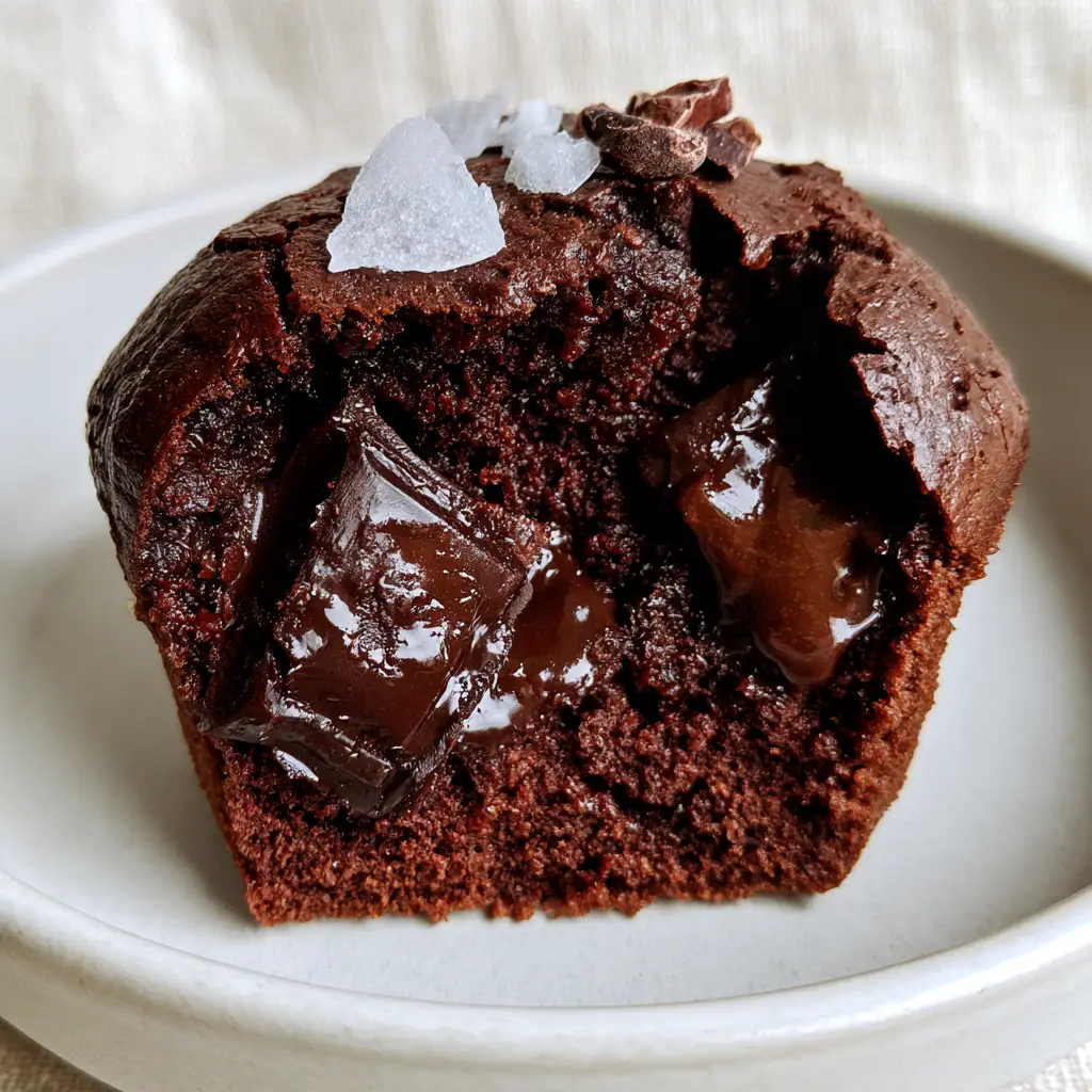 Close up of Healthy Chocolate Muffins with melted dark chocolate chunks and cacao nibs.