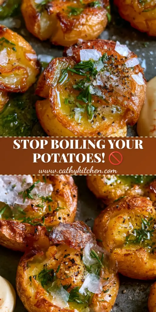 A rustic tray of golden-brown crispy smashed baby potatoes with herb oil and flaky salt, one of the best easy potato side dishes.