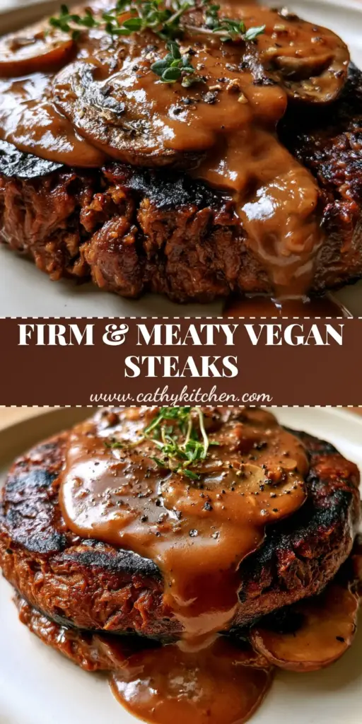 A thick, juicy Vegan Burger Steak with deep grill marks covered in glossy mushroom gravy on a white plate.