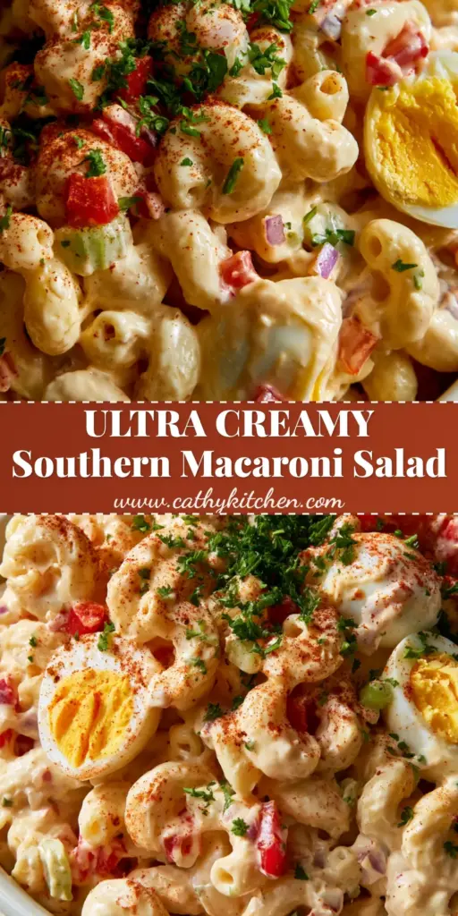 A close-up of Southern macaroni salad in a white bowl showing creamy dressing, egg chunks, and red peppers.