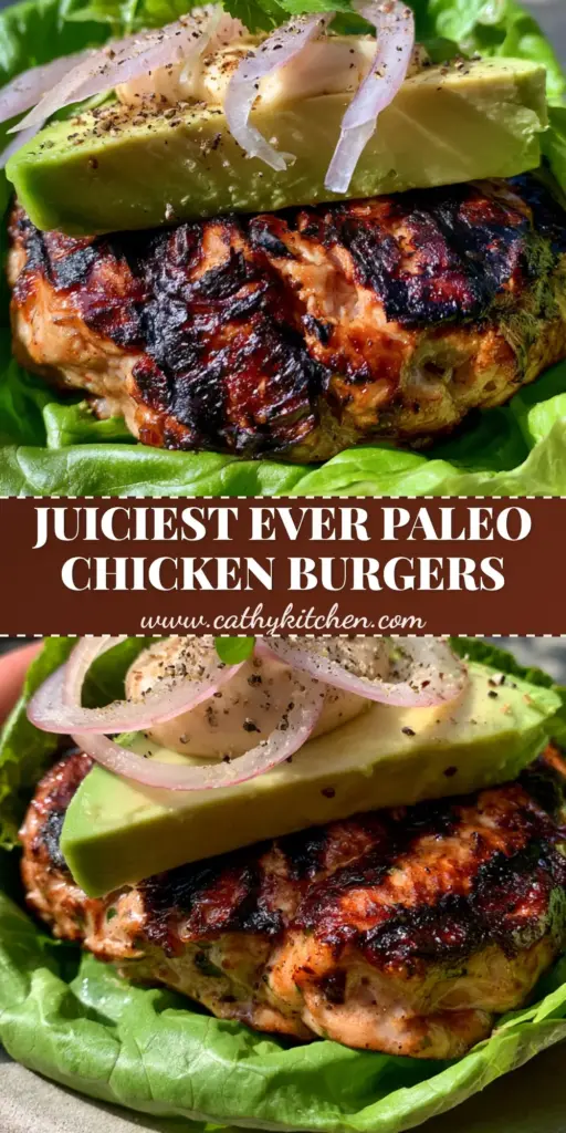 Paleo Grilled Chicken Burgers with Avocado and Crisp Butter Lettuce 3 A handheld succulent Paleo grilled chicken burger in a butter lettuce wrap with avocado and red onion curls. (Paleo grilled chicken burgers)