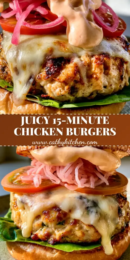 A close-up vertical shot of gourmet chicken burgers featuring molten white cheddar and pickled red onions on a brioche bun.
