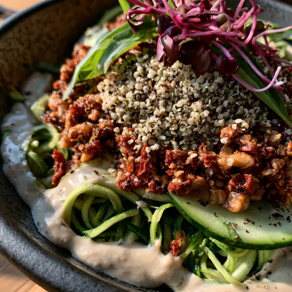 Close-up of emerald zucchini ribbons and savory walnut crumble for raw vegan dinners.