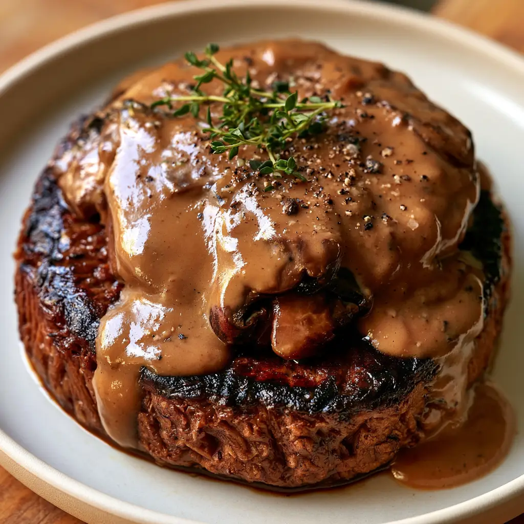 Close-up of a pan-seared seitan patty with charred marks and thick mahogany gravy. (Vegan Burger Steaks)
