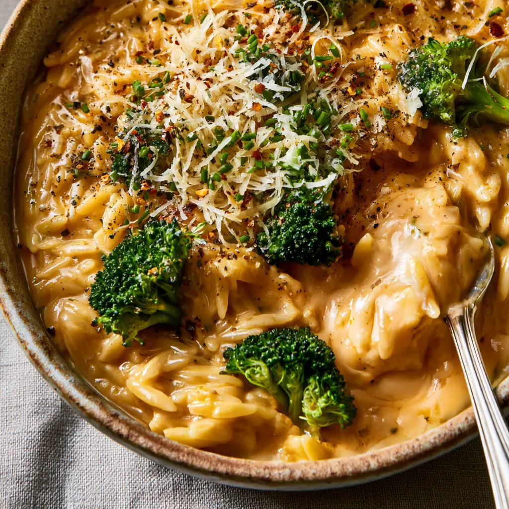 Extreme close-up of glossy pale orange cheddar sauce coating orzo and bright green broccoli florets. (Broccoli Cheddar Orzo)