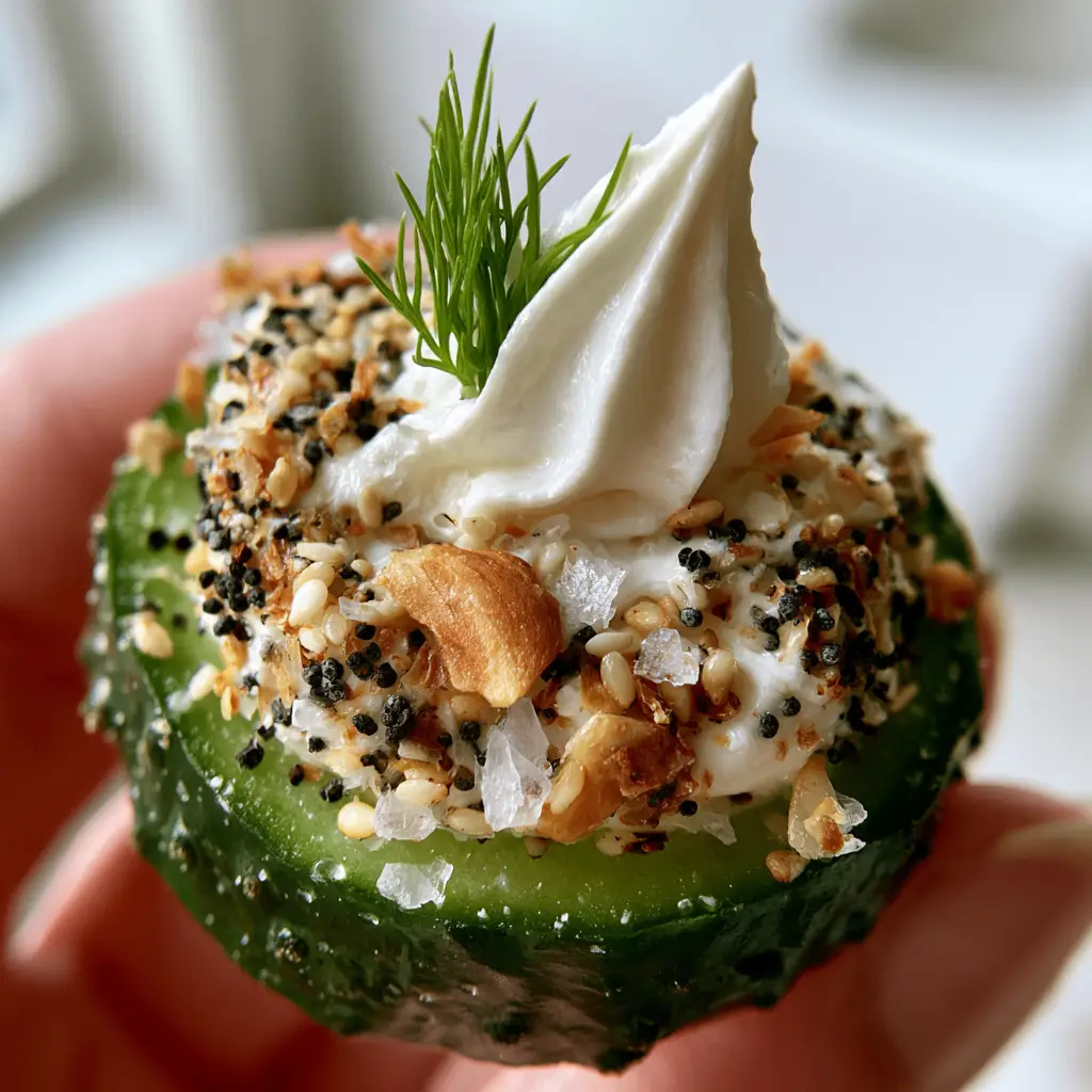 Extreme macro close-up of a hand holding a cucumber cream cheese bite with visible dew droplets and thick seasoning. (cucumber cream cheese bites)