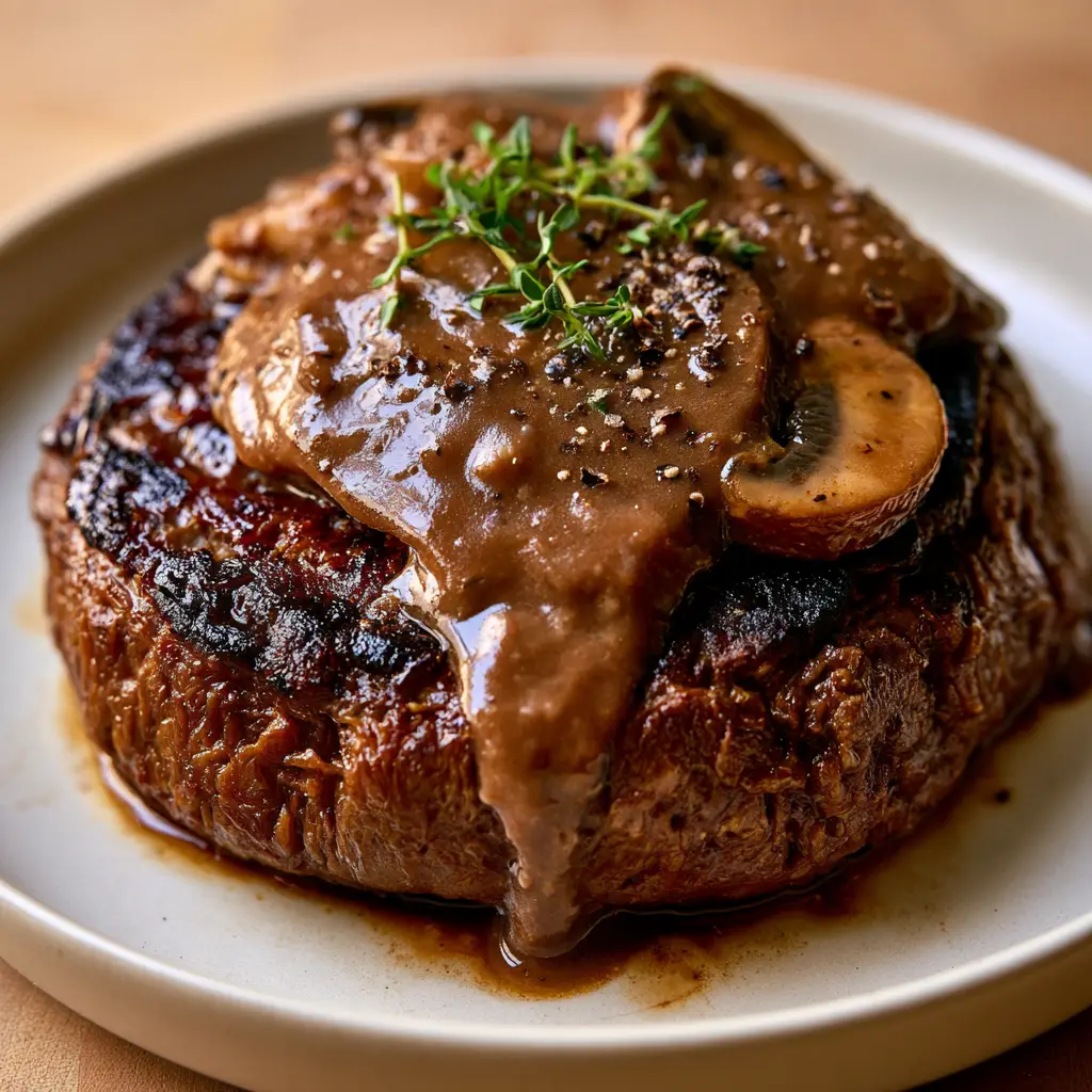 High-angle shot of Vegan Burger Steaks garnished with micro-thyme and cracked black pepper.