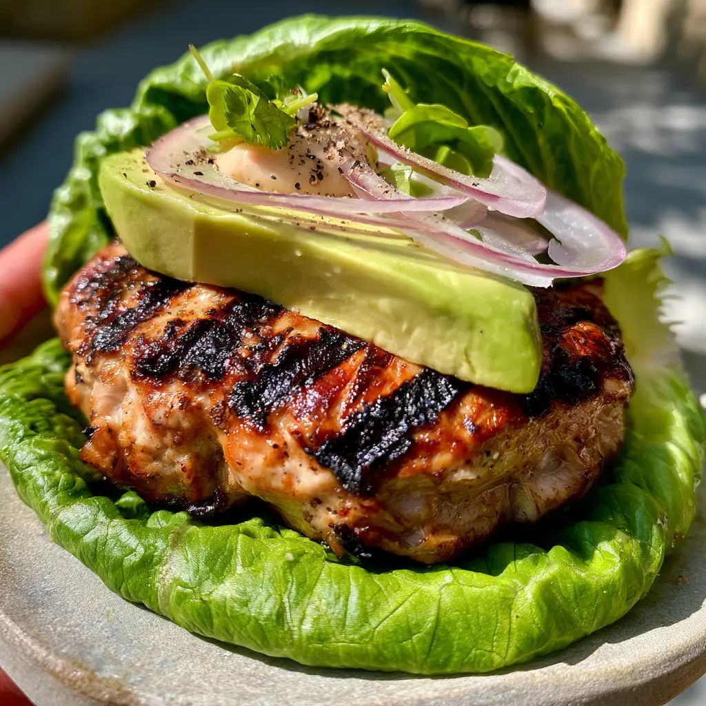Close-up of a thick grilled chicken patty featuring caramelized char marks and clear glistening juices. (Paleo grilled chicken burgers)