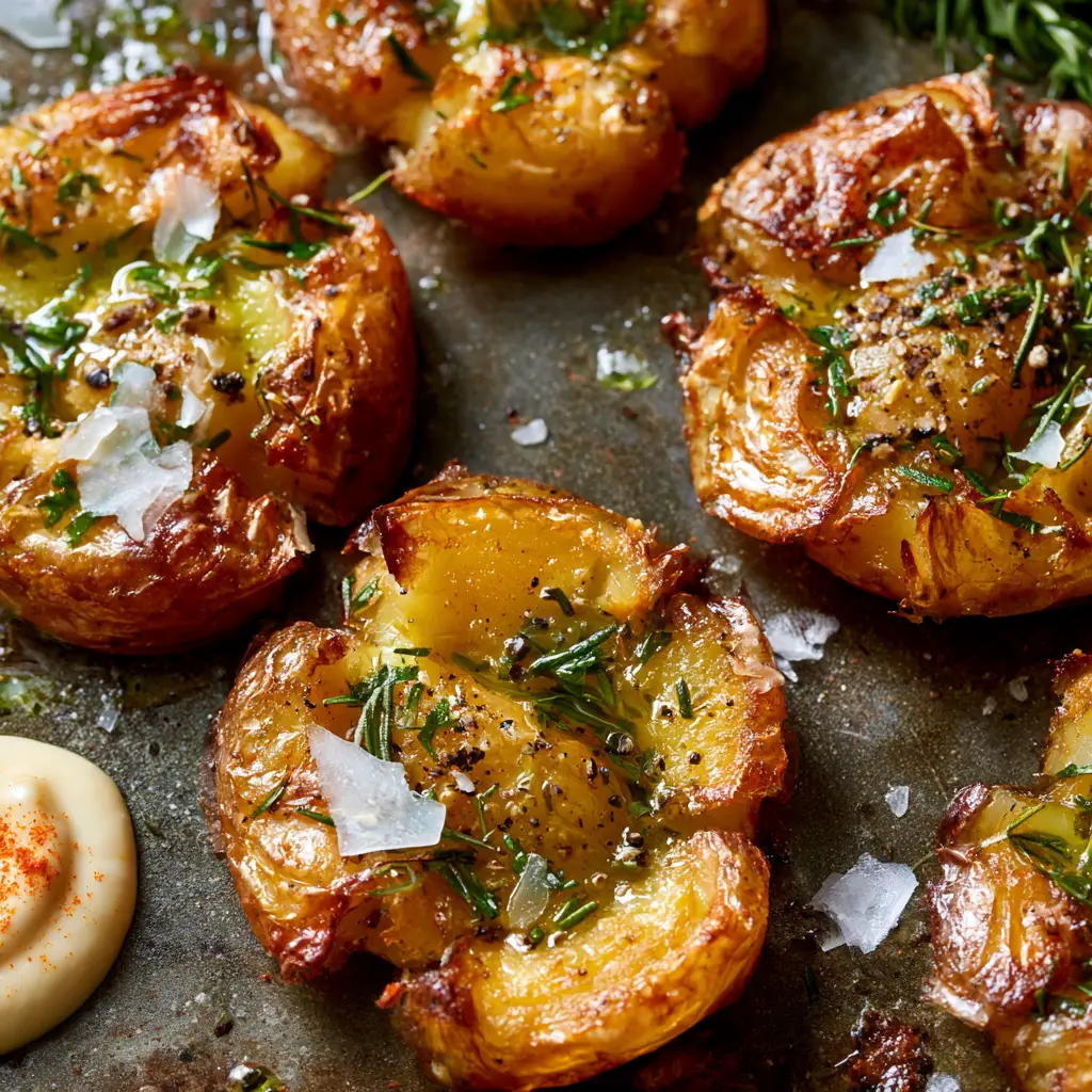 Crispy smashed potato with a dollop of ivory garlic aioli and smoked paprika dusting.