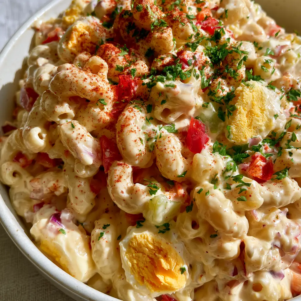 Macro high-angle shot of Southern macaroni salad with thick glossy dressing and smoked paprika.