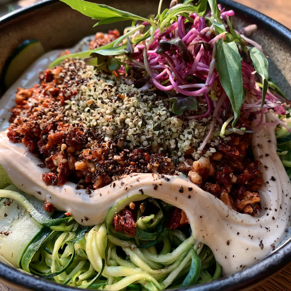 Thick cashew cream sauce drizzled over fresh zucchini noodles and hemp hearts.