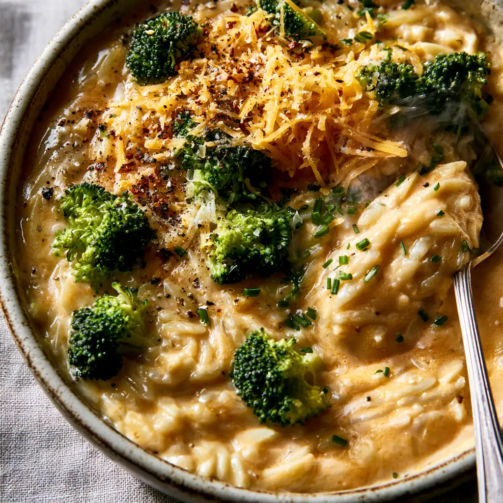 A rustic ceramic bowl of Broccoli Cheddar Orzo garnished with melting cheese, red pepper flakes, and chives on a grey linen background.