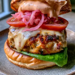 Handheld photo of a juicy chicken burger with melted white cheddar cascading down the side on a matte plate.