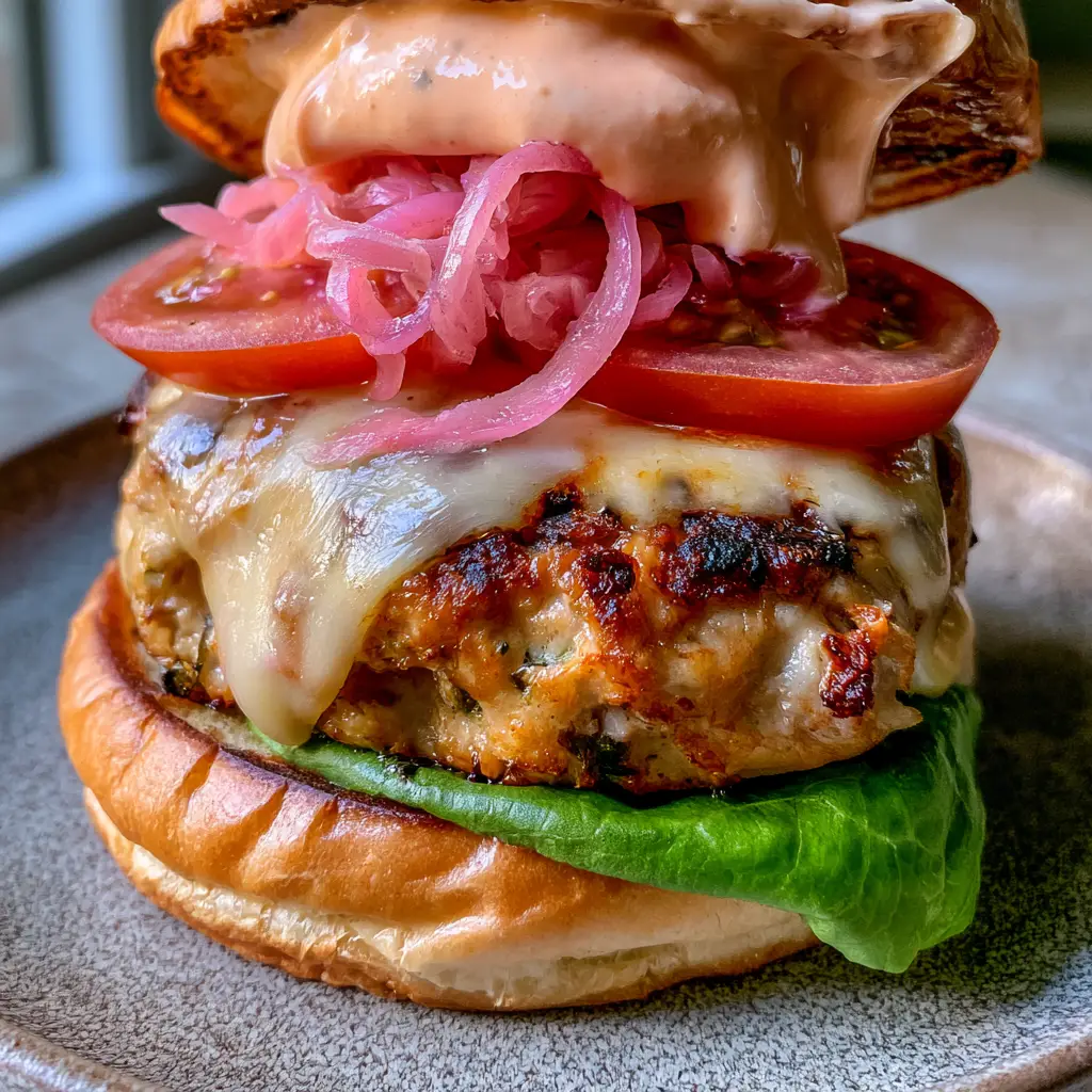 Handheld photo of a juicy chicken burger with melted white cheddar cascading down the side on a matte plate.