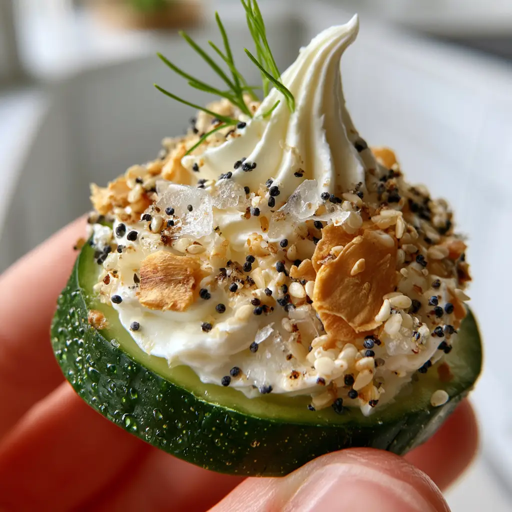 Cucumber Cream Cheese Bites with Everything Bagel Seasoning 1 A thick cucumber round with a high swirl of whipped cream cheese, heavily encrusted with poppy seeds and garlic flakes.