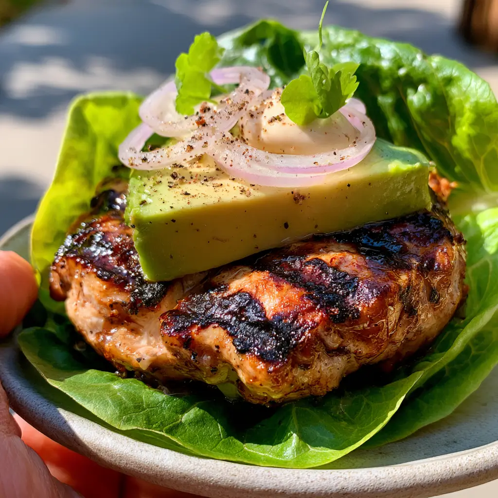 Paleo Grilled Chicken Burgers with Avocado and Crisp Butter Lettuce 1 A handheld Paleo grilled chicken burger layered with avocado slices, red onion, and cilantro micro-greens.