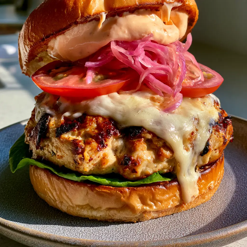A gourmet chicken burger on a matte stoneware plate showing crispy air-fried edges and creamy chipotle aioli.