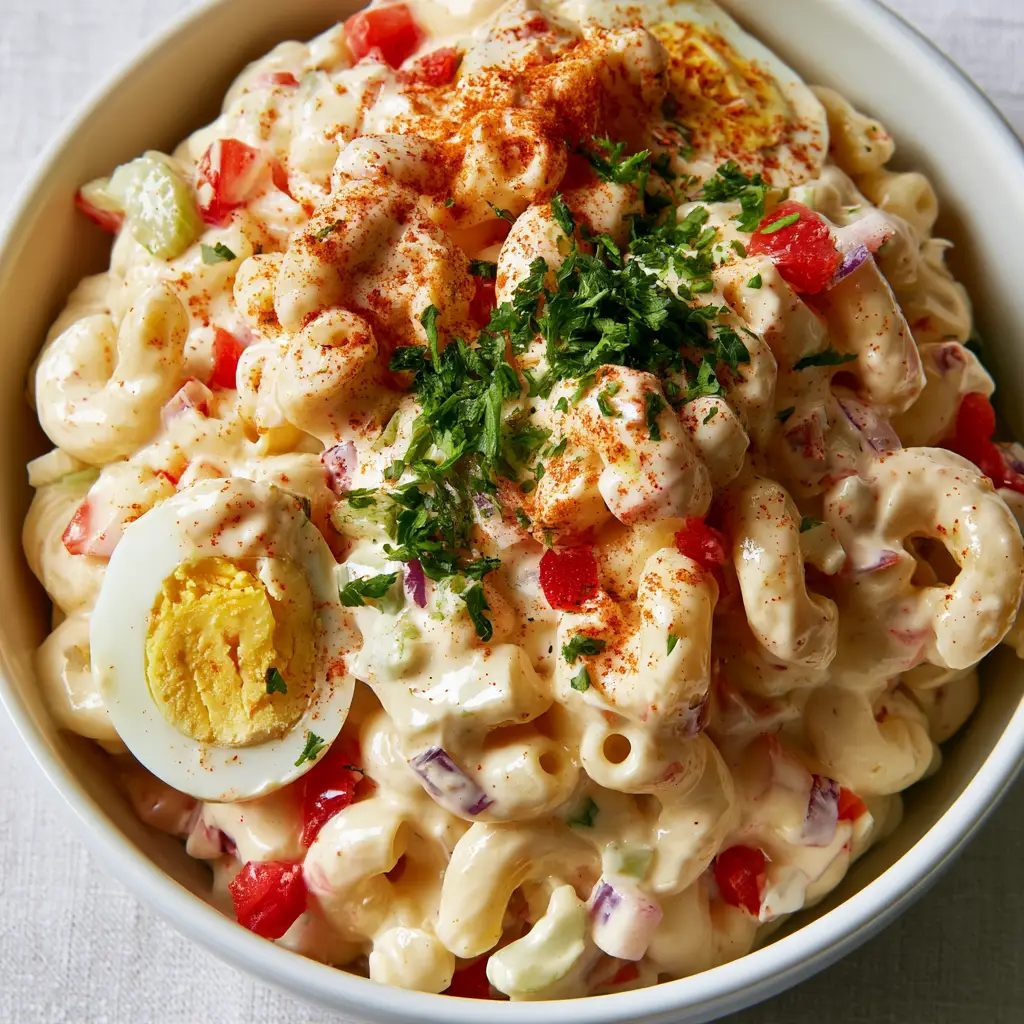 Southern macaroni salad featuring rustic chunks of hard-boiled eggs and bright green parsley.