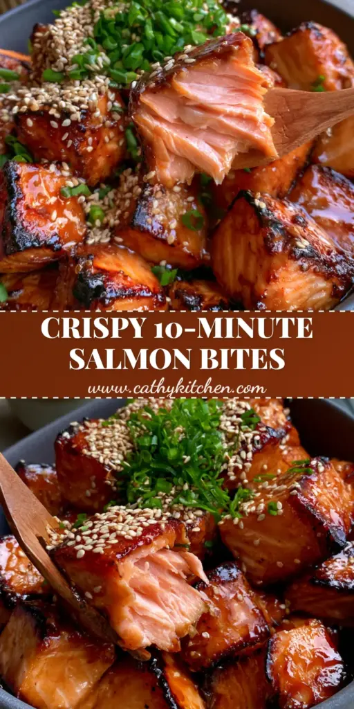 A close-up of crispy salmon bites with a honey garlic glaze, topped with sesame seeds and scallions, served in a charcoal bowl with sriracha mayo.