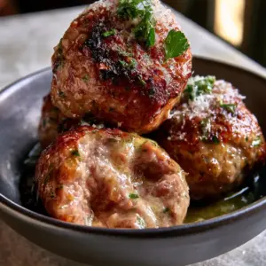 Close-up of keto meatballs showing the charred edges and micro-planed parmesan cheese.