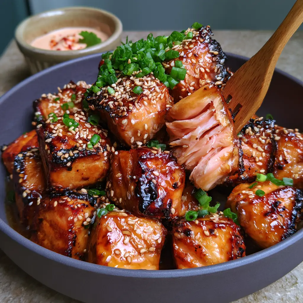 A wooden fork lifting a single flaky bite of crispy salmon bites showing the moist pink interior and charred glaze.