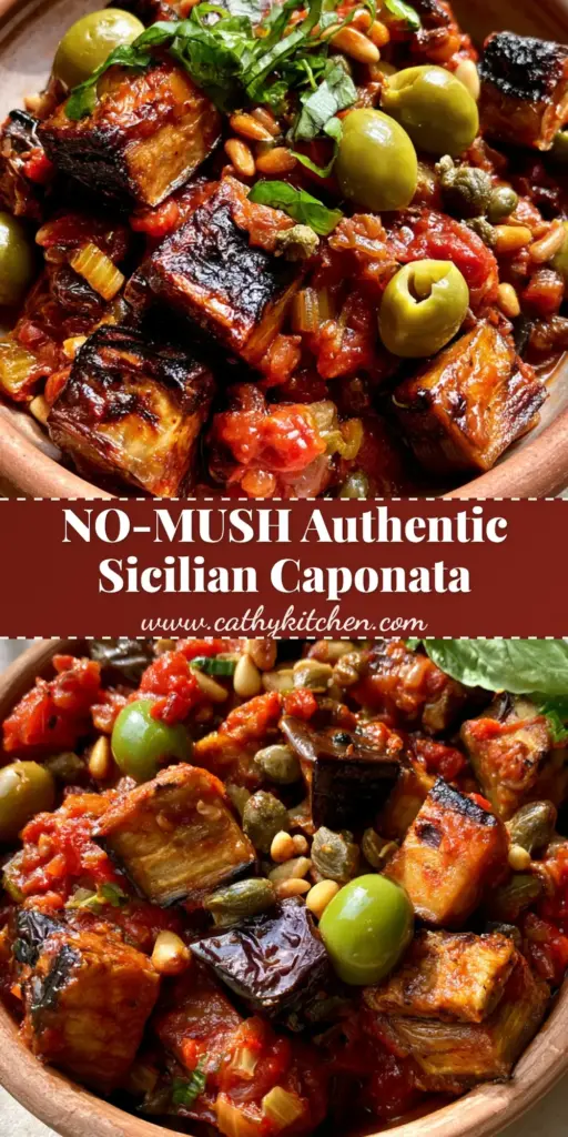 A close-up shot of authentic Sicilian Eggplant Caponata with roasted cubes, green olives, and pine nuts in a terracotta bowl.