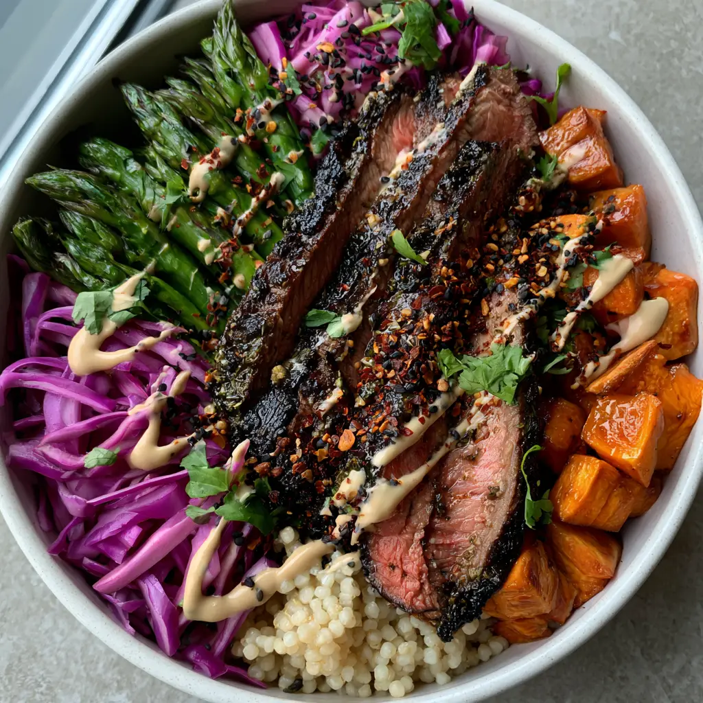 healthy dinners for weight loss: Seared Steak & Quinoa Power Bowl 1 A healthy power bowl featuring purple cabbage, asparagus, and roasted sweet potatoes.