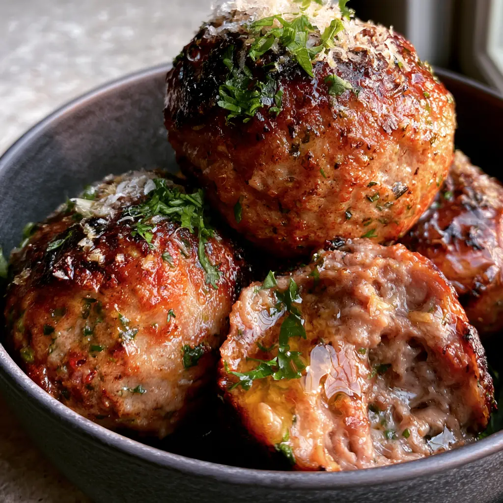 One keto meatball broken open to reveal a steaming, moist pinkish-brown succulent interior.