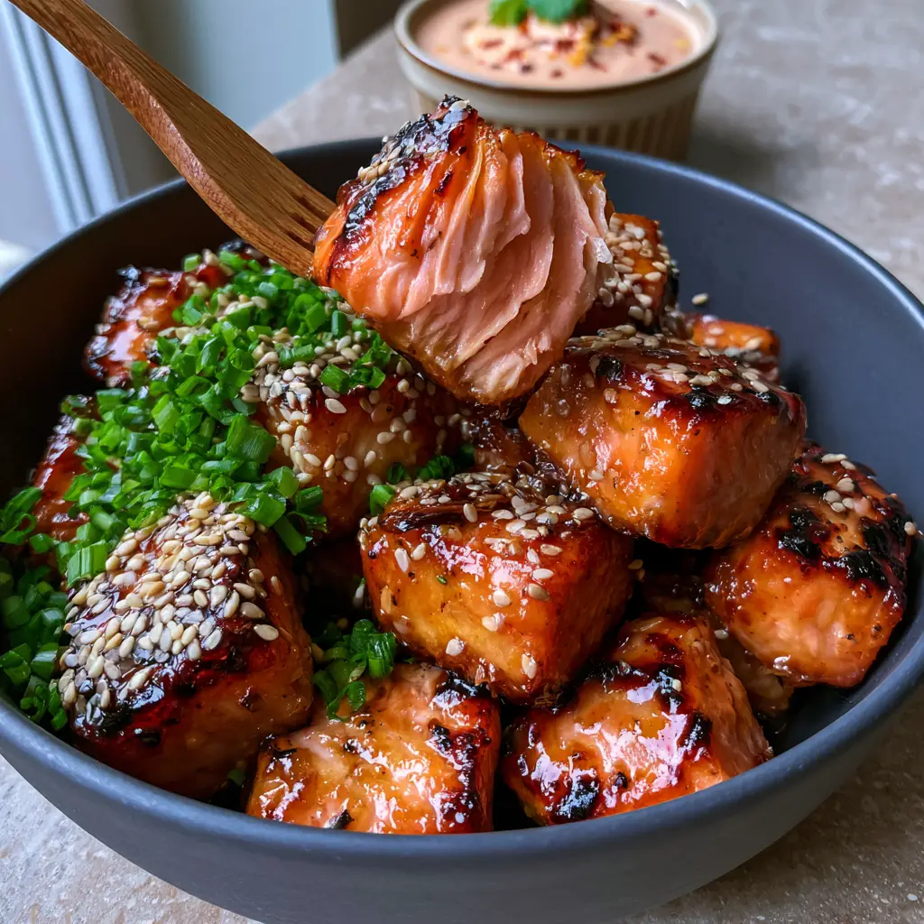 Glistening amber glazed crispy salmon bites piled high in a modern matte charcoal bowl garnished with fresh cilantro.