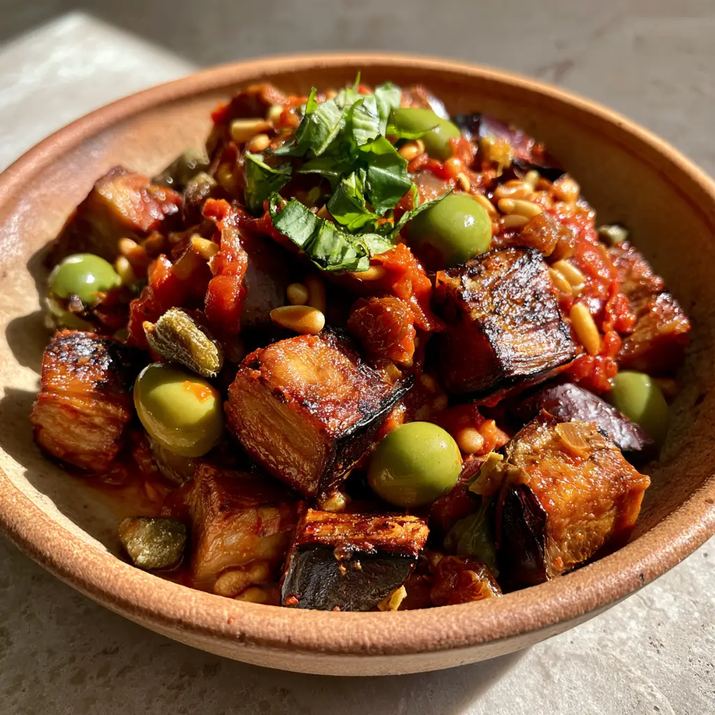 Roasted eggplant cubes with browned edges tossed in a thick tomato agrodolce sauce with basil.