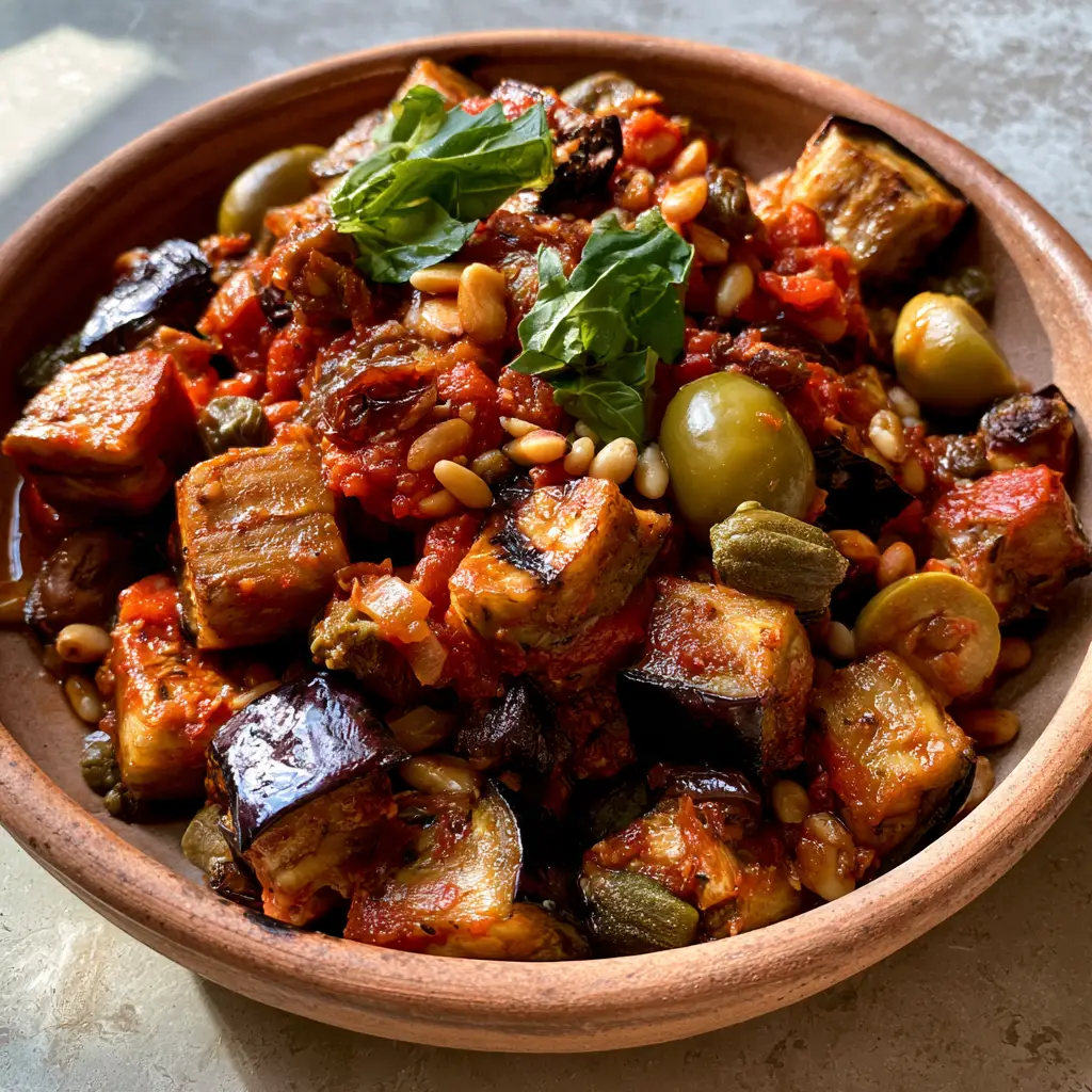 Detailed view of Eggplant Caponata showing plump golden raisins, sliced green olives, and toasted pine nuts.