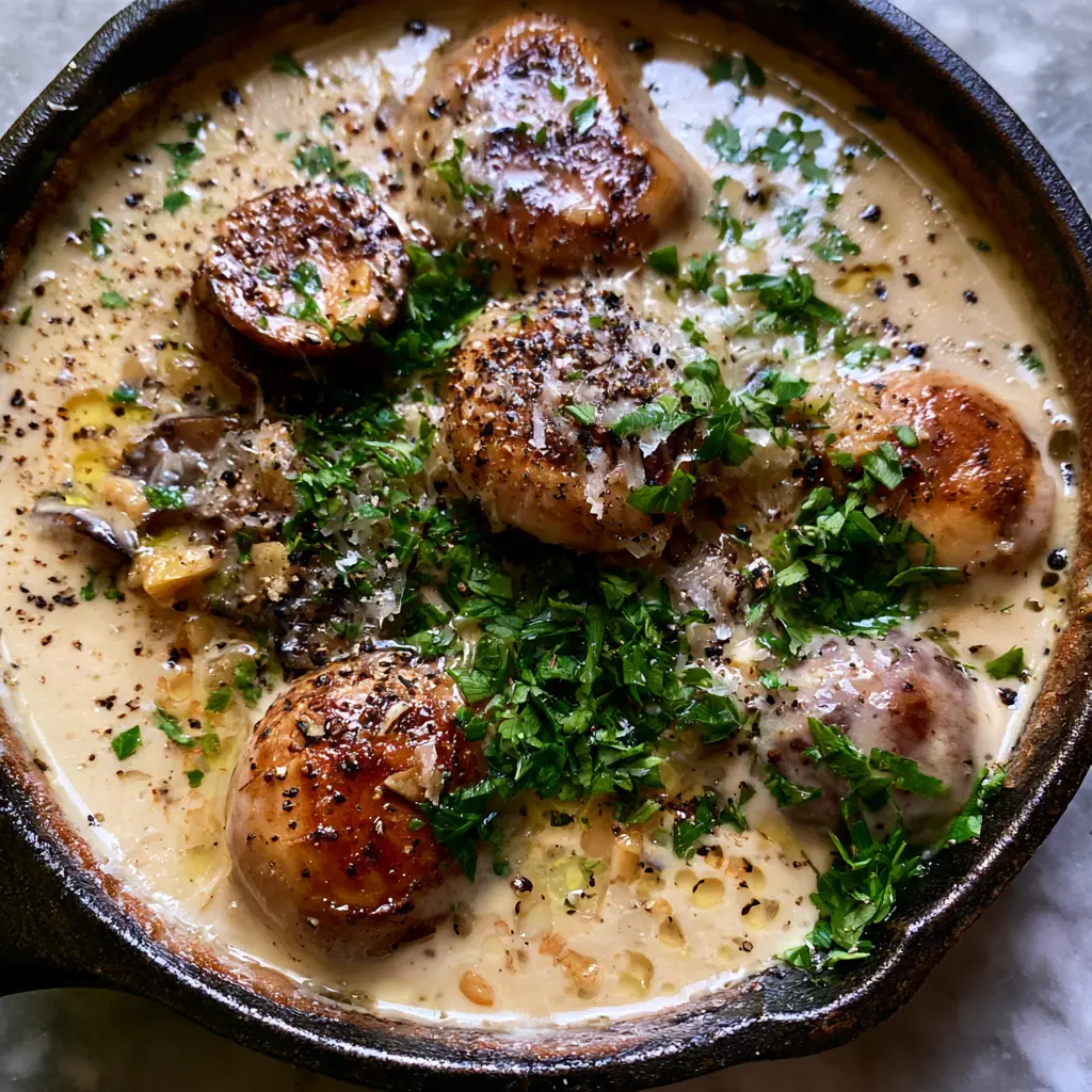 Top-down view of bubbling garlic parmesan cream sauce with shaved parmesan and cracked black pepper over halved mushrooms. (Creamy Garlic Mushrooms)
