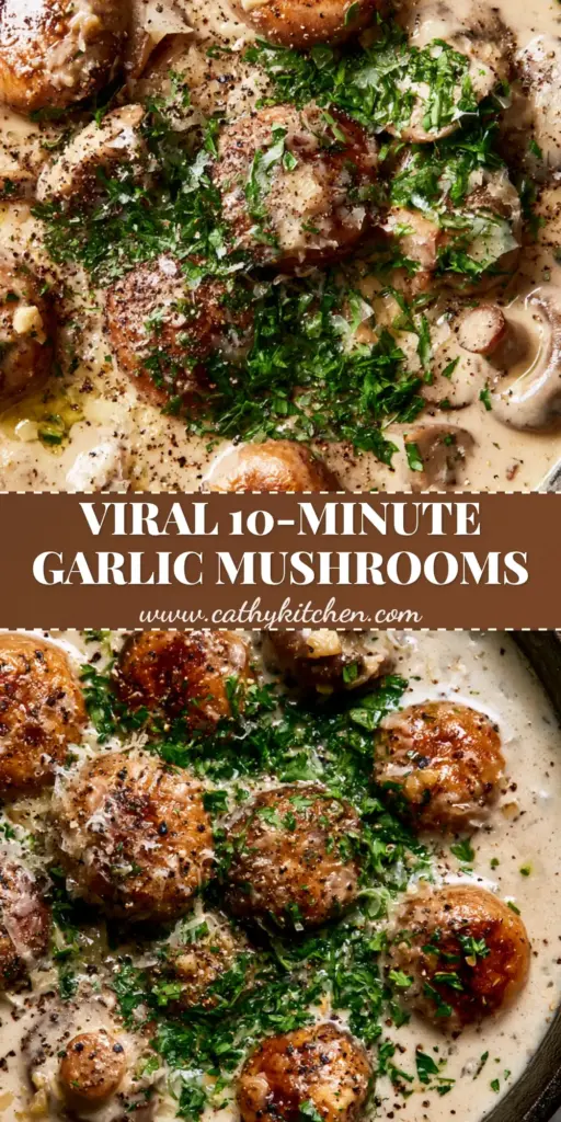 A top-down smartphone photo of Creamy Garlic Mushrooms in a black cast iron skillet featuring seared cremini, bubbling ivory sauce, and fresh parsley garnish.