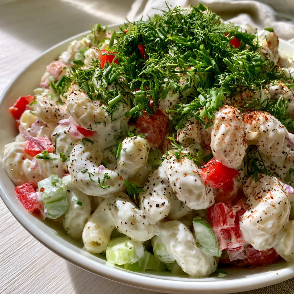 Greek yogurt macaroni salad garnished with fresh chives and smoked paprika in natural sunlight.