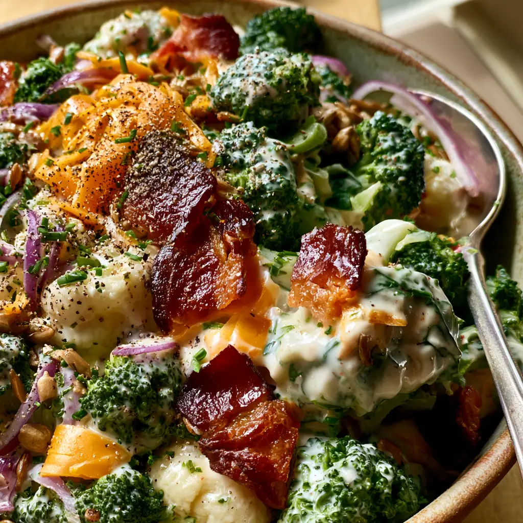 Handheld photo showing a silver spoon lifting a portion of Loaded Broccoli Cauliflower Salad with red onion slivers and sunflower seeds.