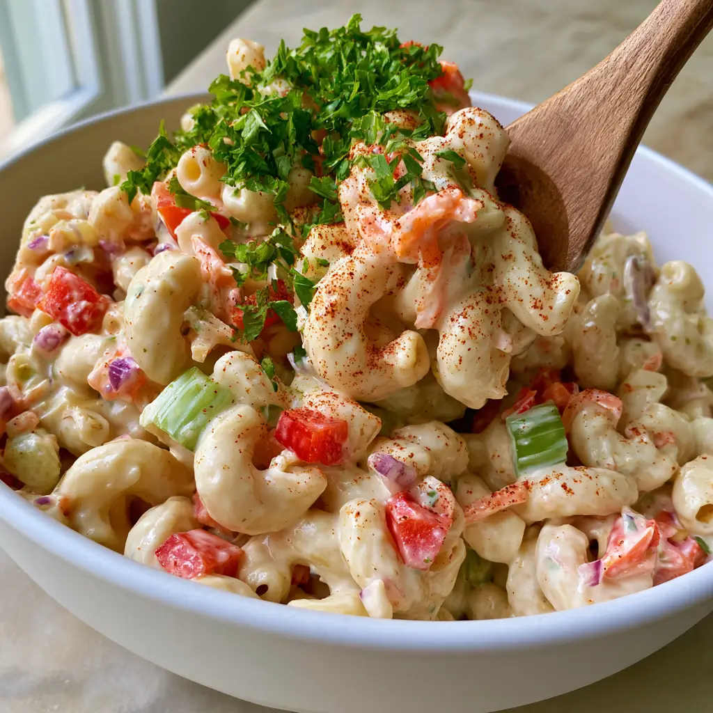A top-down view of the finished Easy macaroni salad recipe with a generous dusting of smoked paprika and fresh parsley garnish.