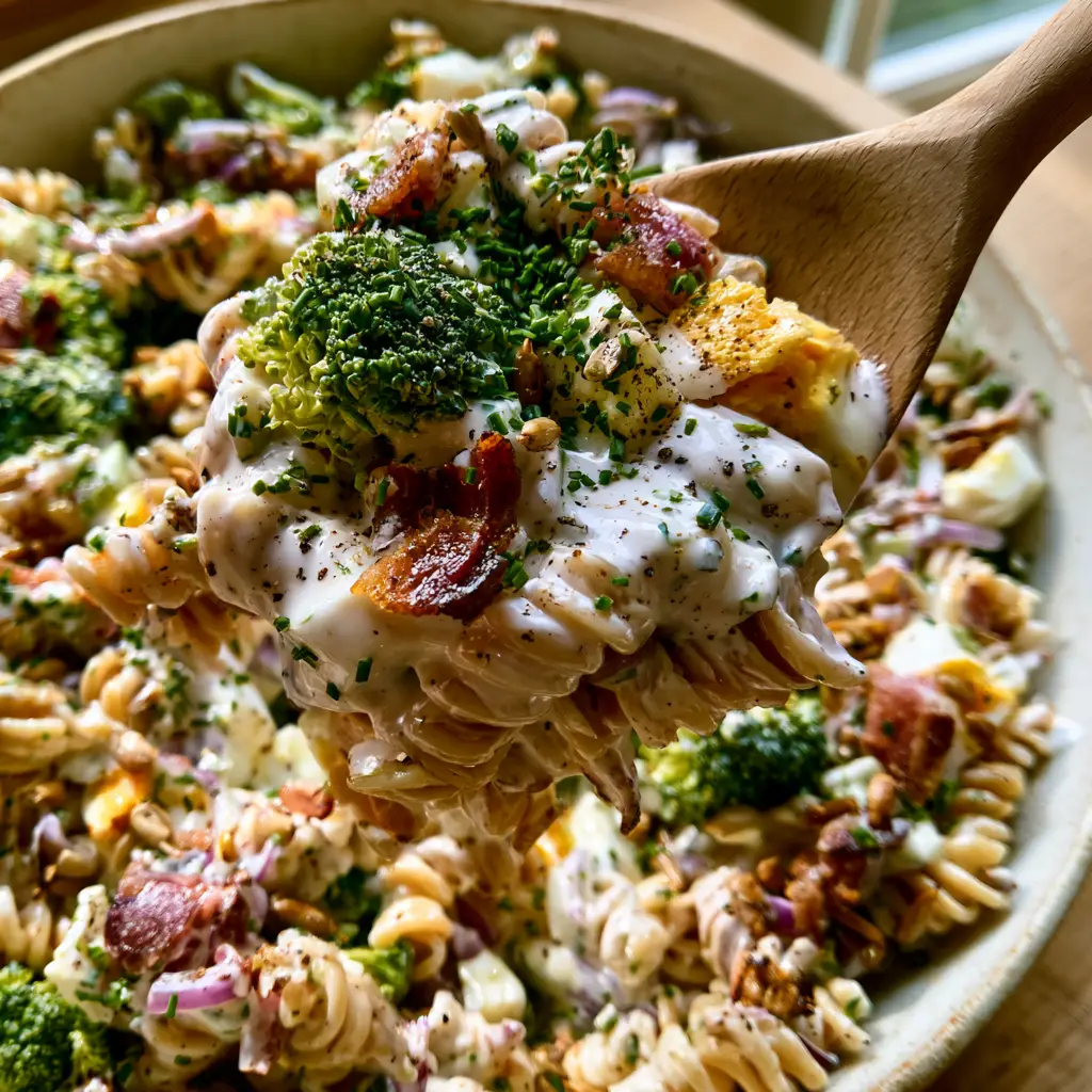Cobb Style Broccoli Pasta Salad in a rustic bowl featuring golden egg yolks, crispy bacon bits, and fresh chives.