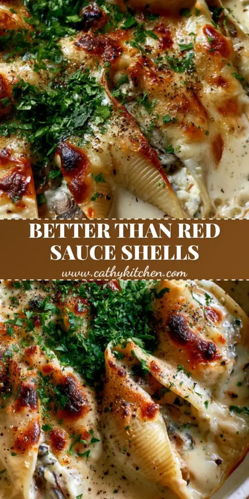 A close-up vertical shot of mushroom stuffed shells in a white ceramic dish with bubbling garlic bechamel and charred mozzarella spots.