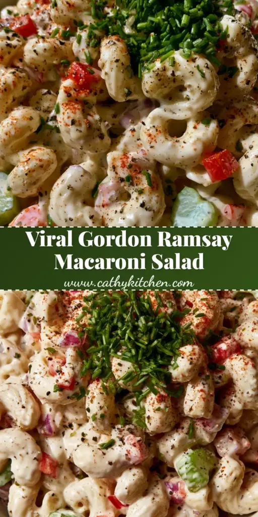 Top-down macro shot of a gourmet macaroni salad with ivory dressing, red peppers, and chives in a white bowl. (Gordon Ramsay Macaroni Salad Recipe)