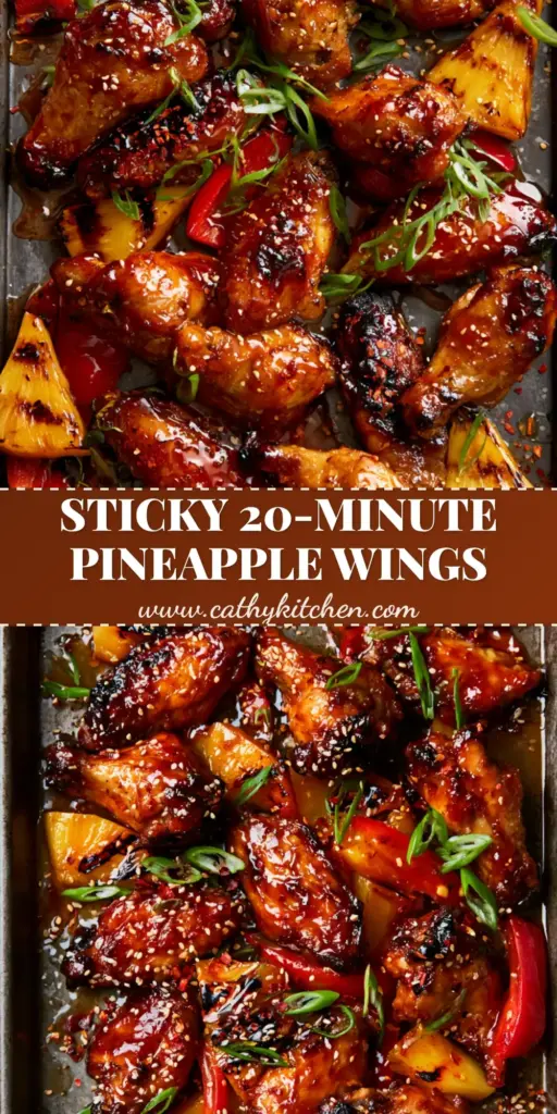 A top-down aesthetic shot of pineapple teriyaki chicken wings on a rustic dark metal pan with charred pineapple and red peppers.