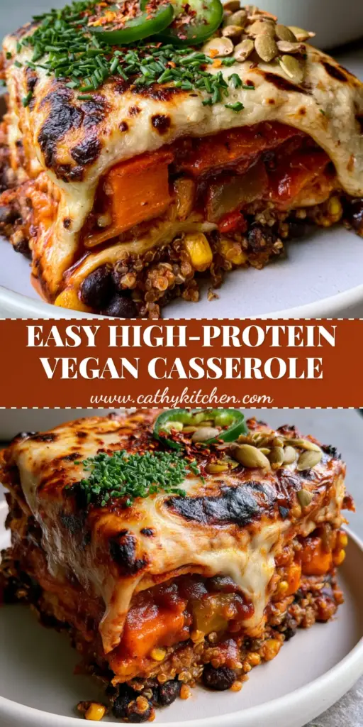 A tall slice of Southwest vegan casserole with distinct layers of quinoa, black beans, and sweet potatoes topped with blistered vegan mozzarella. (vegan casserole recipes)