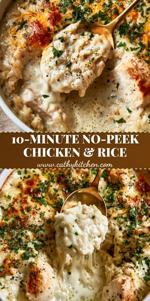 A close-up vertical shot of a creamy chicken and rice casserole with a cheese pull from a gold spoon.