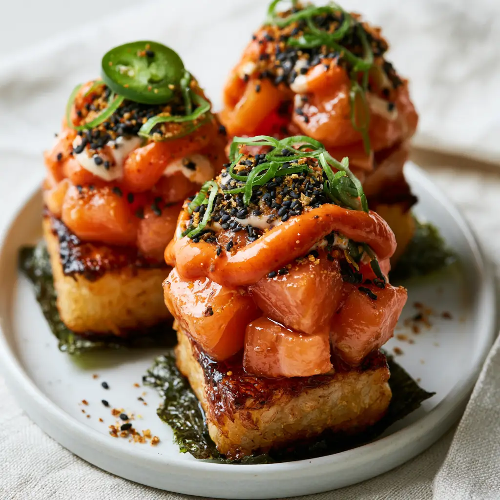 Close-up of cubed raw salmon with sriracha mayo drizzle on a crispy rice sushi cup.