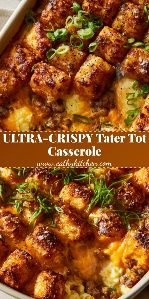A close-up vertical shot of a breakfast casserole recipe featuring ultra-crispy tater tots, melted cheddar, and fresh scallions in a white dish.