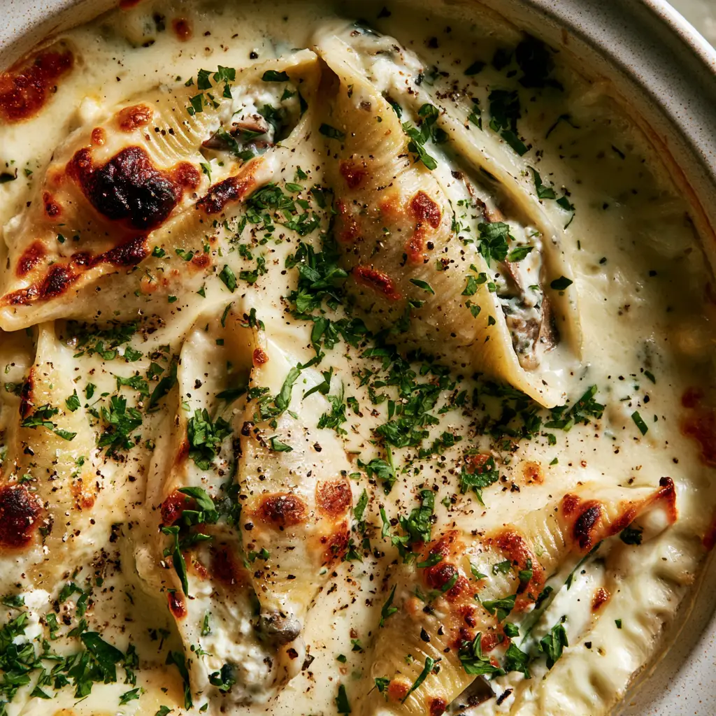 Rustic ceramic dish filled with bubbling mushroom stuffed shells garnished with fresh parsley.