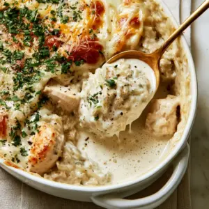 Overhead view of a white ceramic dish filled with creamy chicken and rice casserole, topped with toasted cheese and parsley.