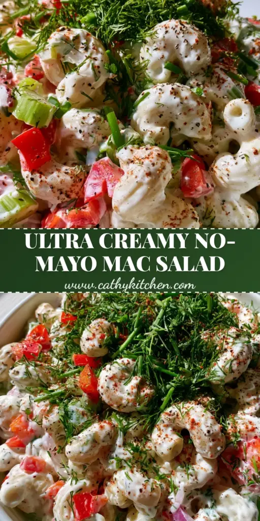 A top-down view of a vibrant Greek yogurt macaroni salad in a white bowl with fresh dill and red peppers.