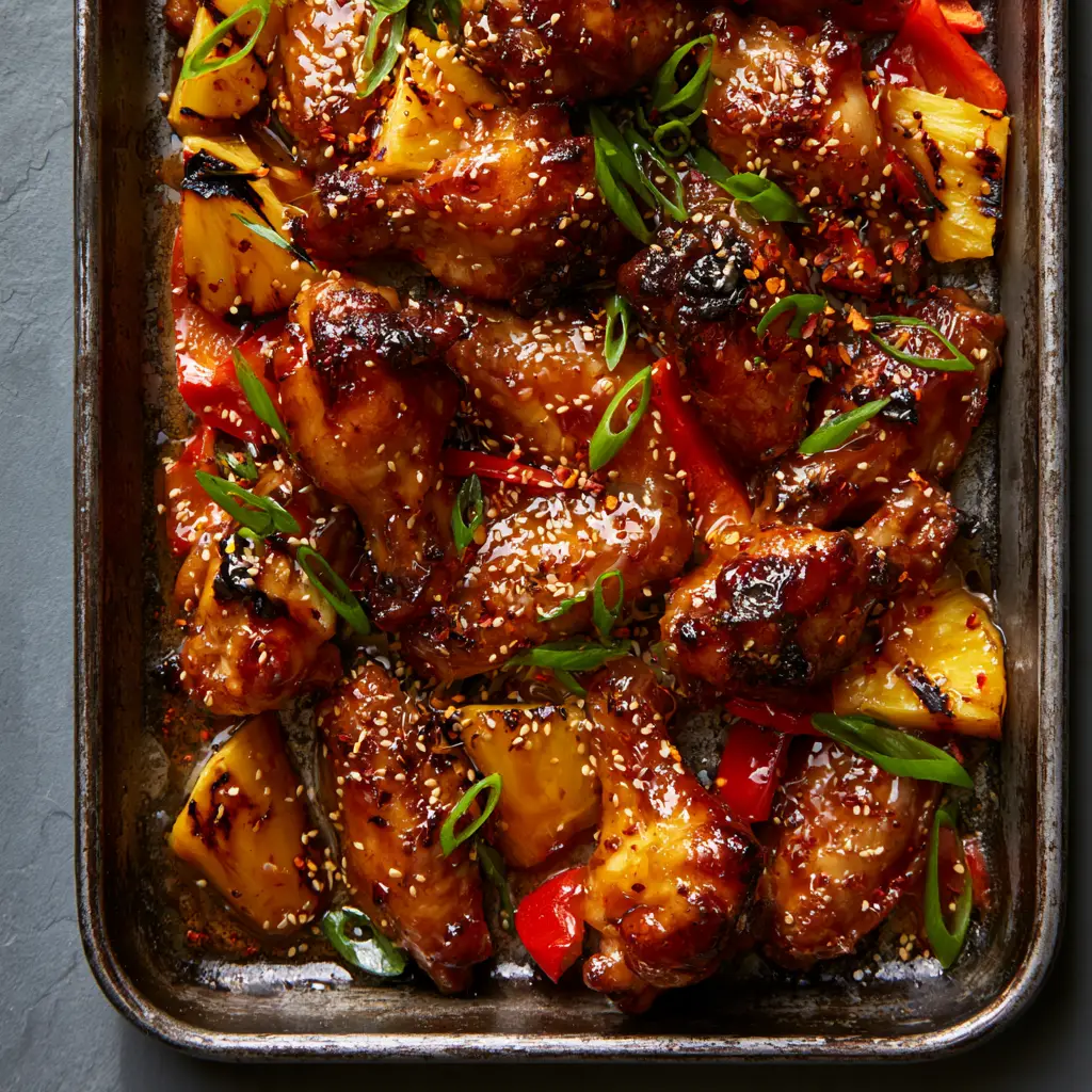 Rustic metal pan filled with pineapple teriyaki chicken wings, charred pineapple chunks, and sliced red peppers.